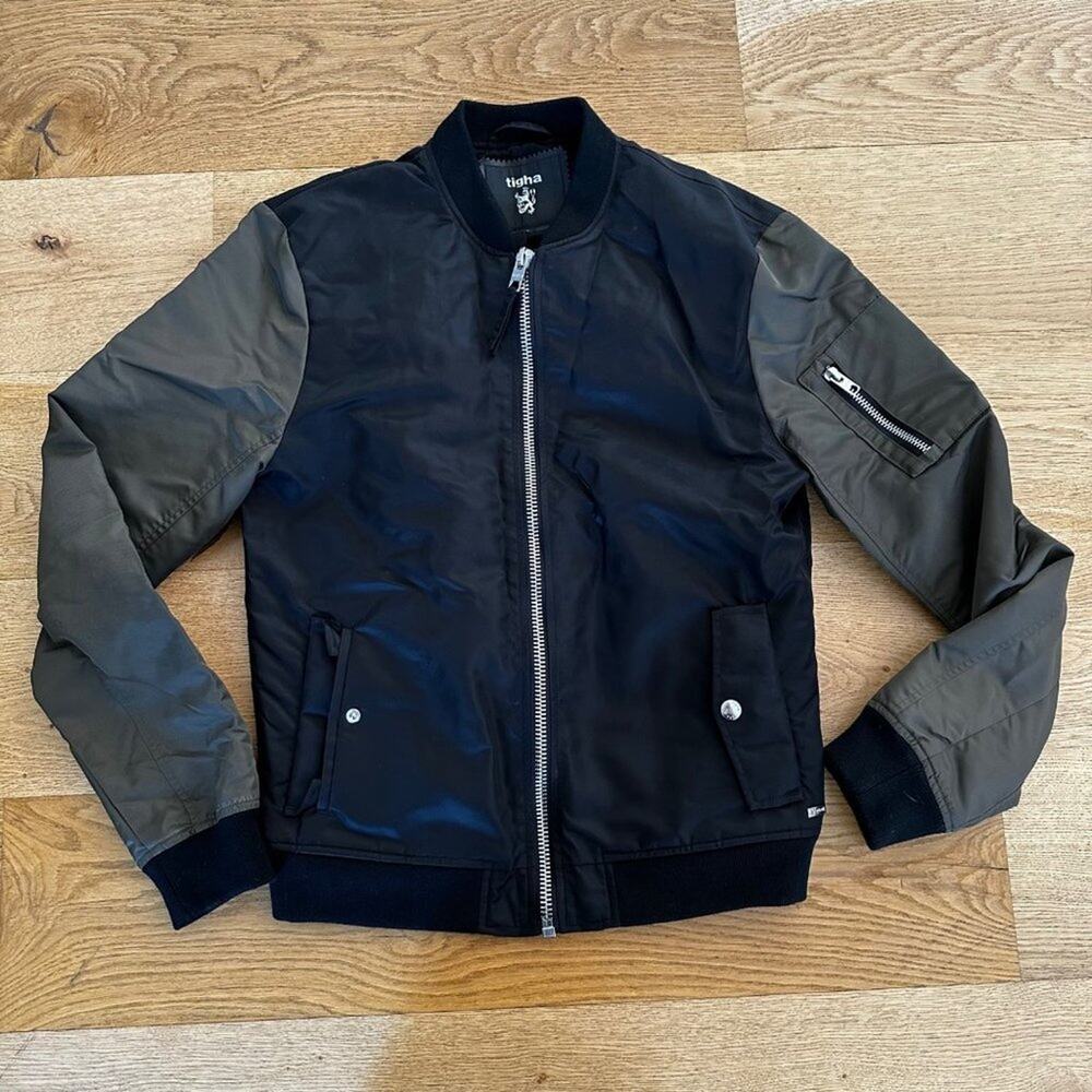 Tigha Zip Front Bomber Jacket in Black & Green